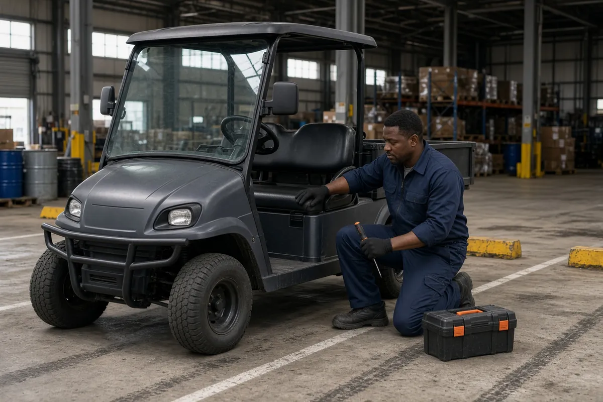 Technician kneeling beside a utility golf cart with a toolbox on the floor of a large warehouse