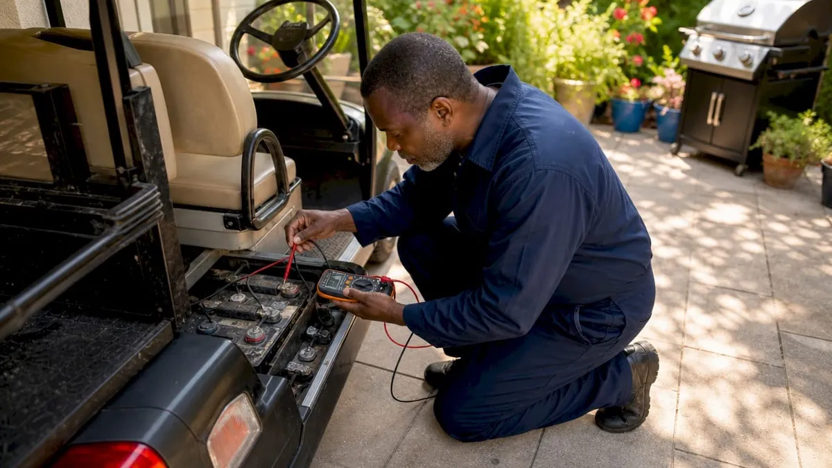 Technician kneeling on a backyard patio, testing a golf cart’s lead-acid battery pack with a digital multimeter