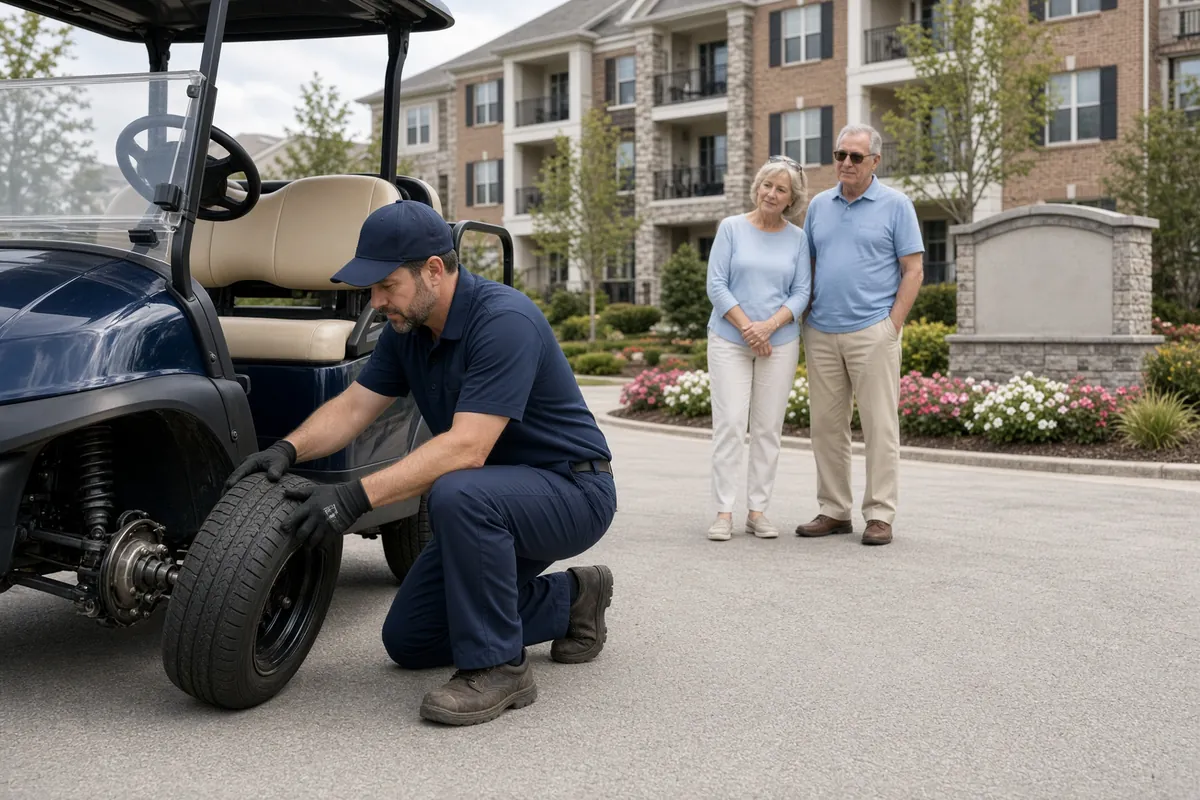 Technician changing a golf cart tire in a condominium community driveway as an older couple looks on